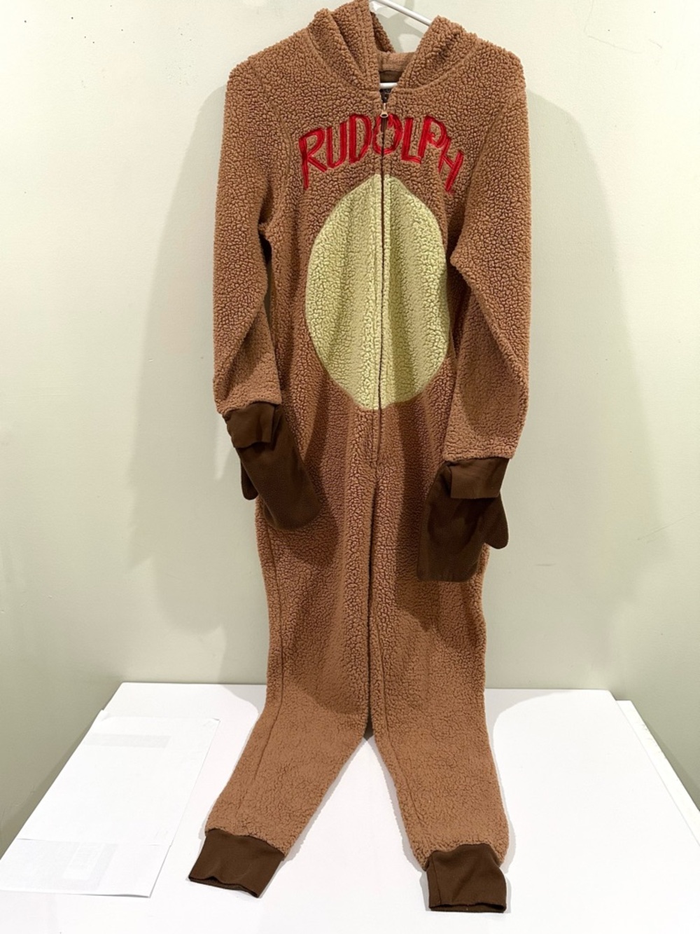 Rudolph The Red Nose Reindeer One Piece Adult Costume Hood Pajamas- Medium